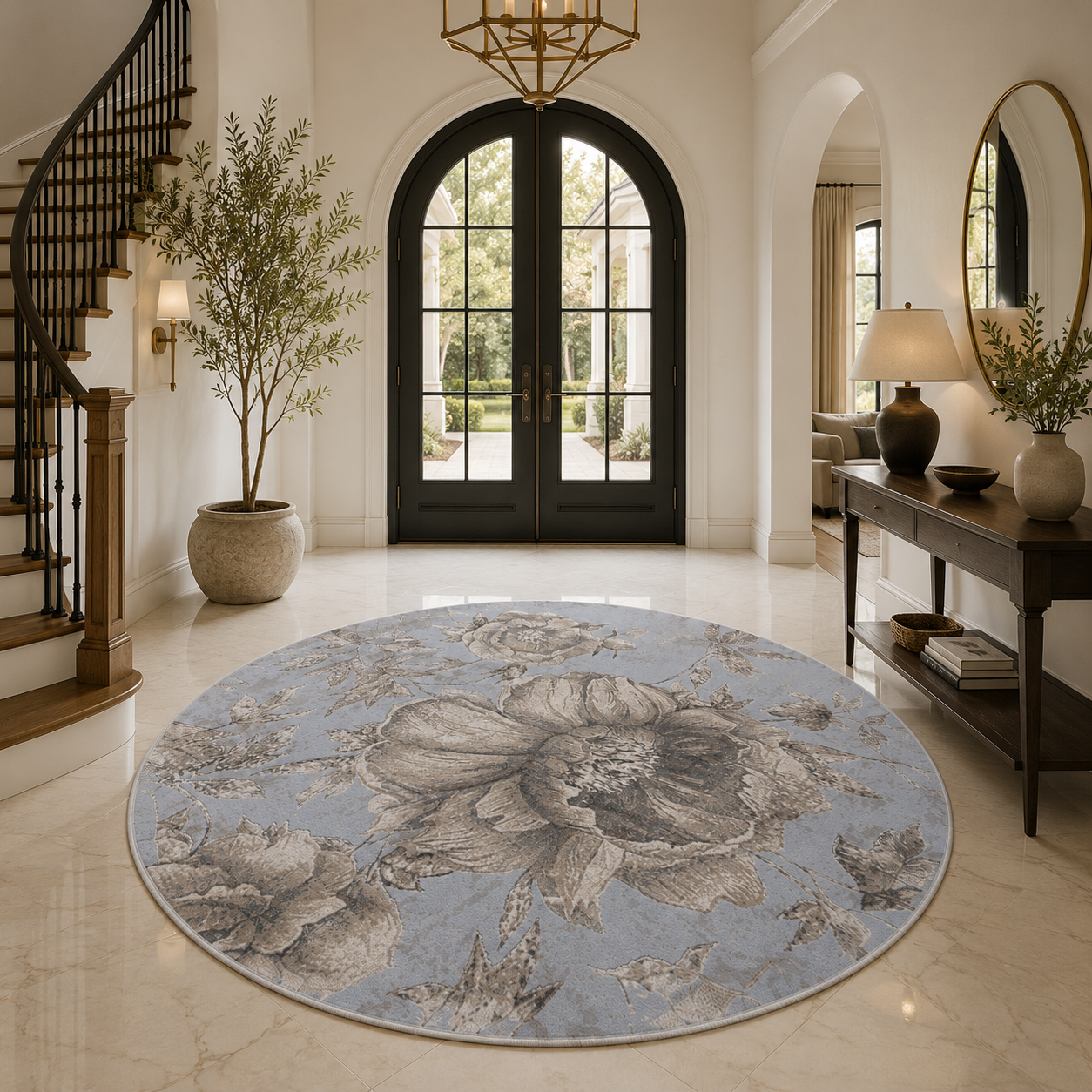 Borrego round floral area rug made in Turkey in blue beige and ivory tones