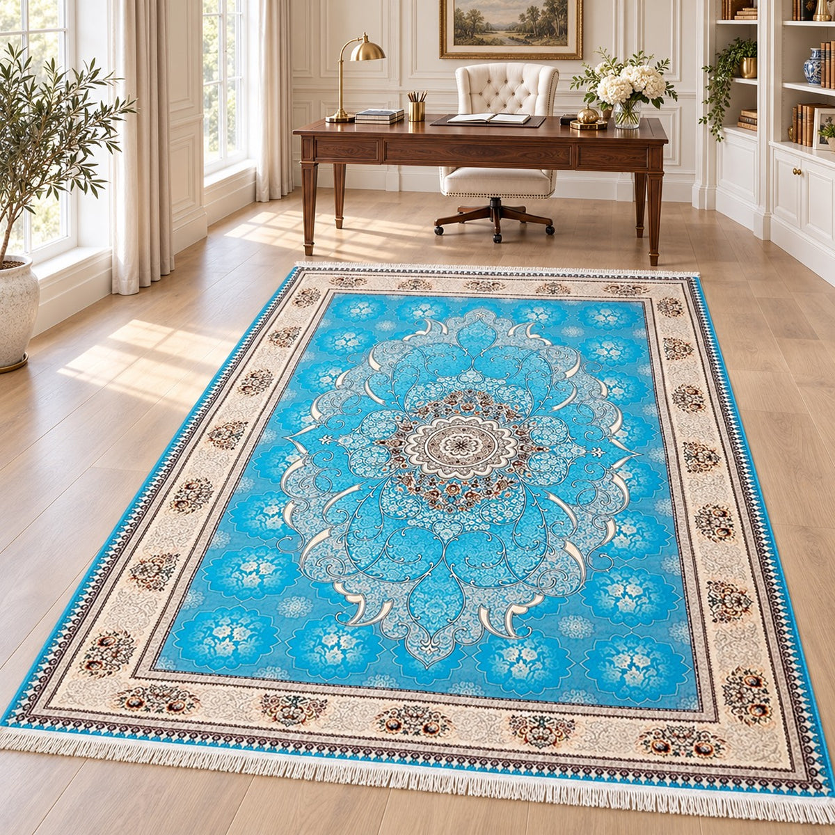 Chakavak turquoise Persian rug with ornate ivory medallion and floral border in a digitally staged modern-classic home office
