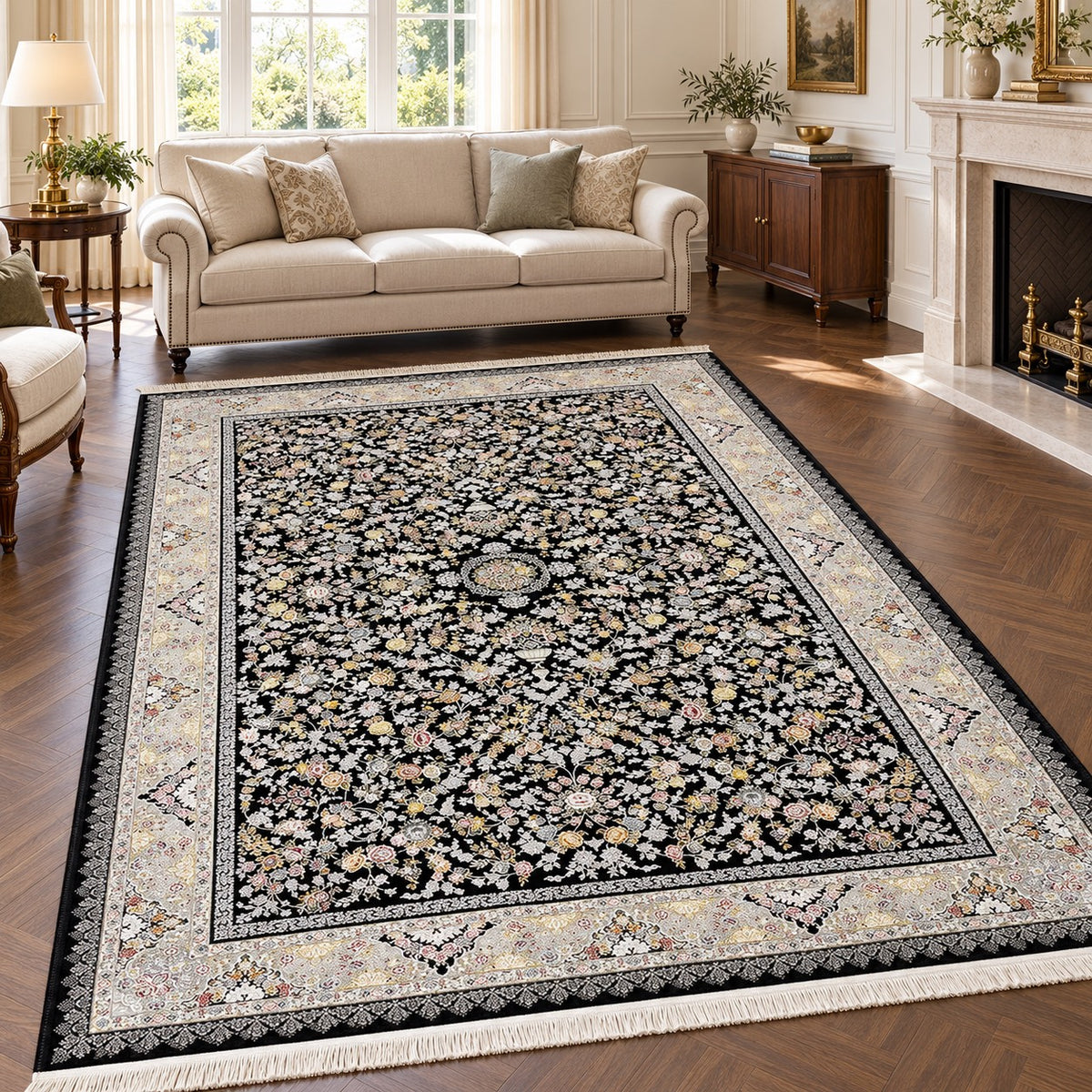 Diwan black Persian rug with intricate ivory floral vines and cream border in a digitally staged modern-classic living room