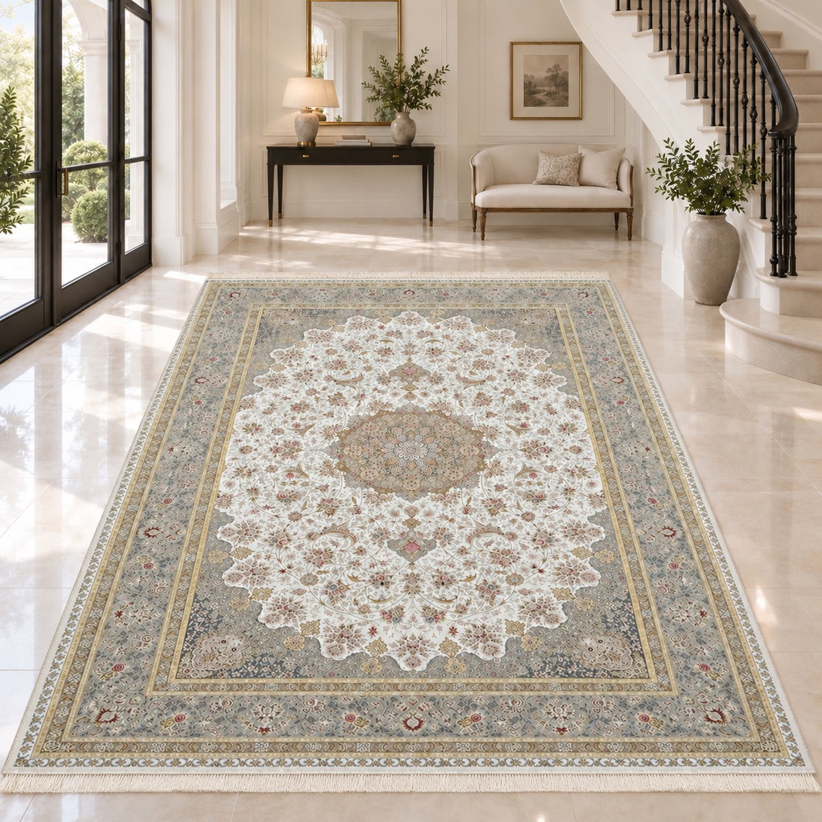 Farimah cream 1500 reed Persian rug with fine ivory fringe in a digitally staged classic-modern foyer