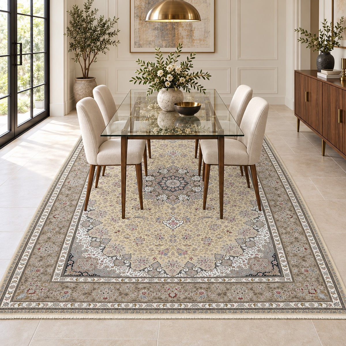 Farimah light beige 1500 reed Persian rug with fine ivory fringe beneath a centred glass dining table in a digitally staged dining room