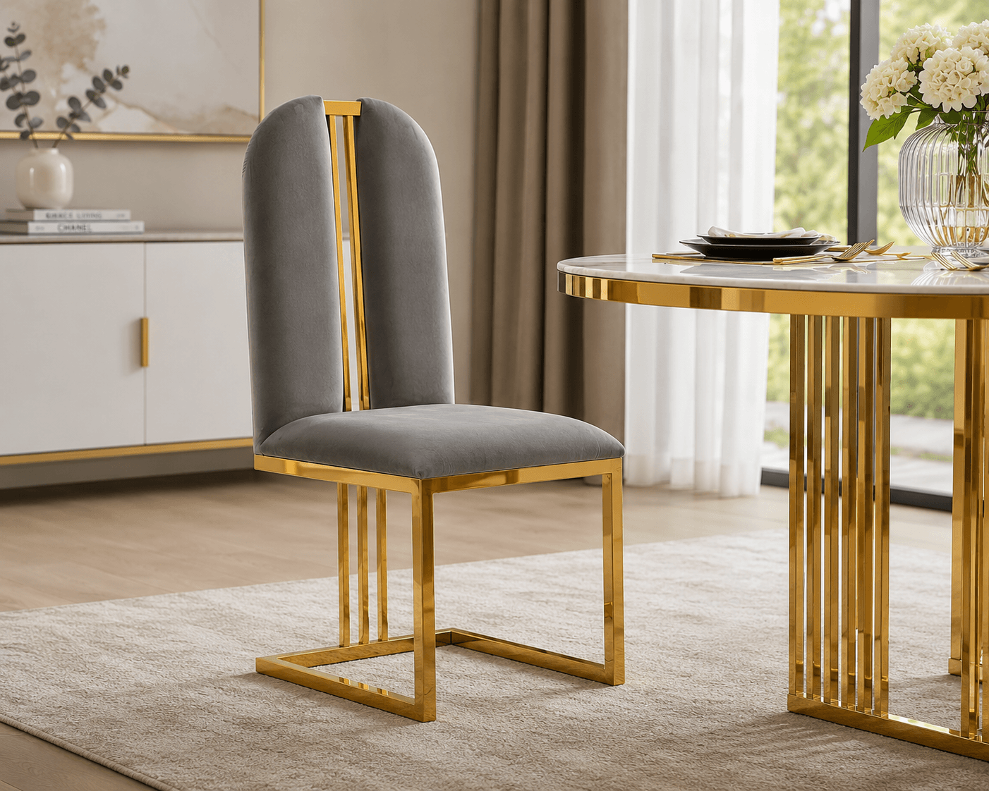 Grey velvet dining chair with gold legs