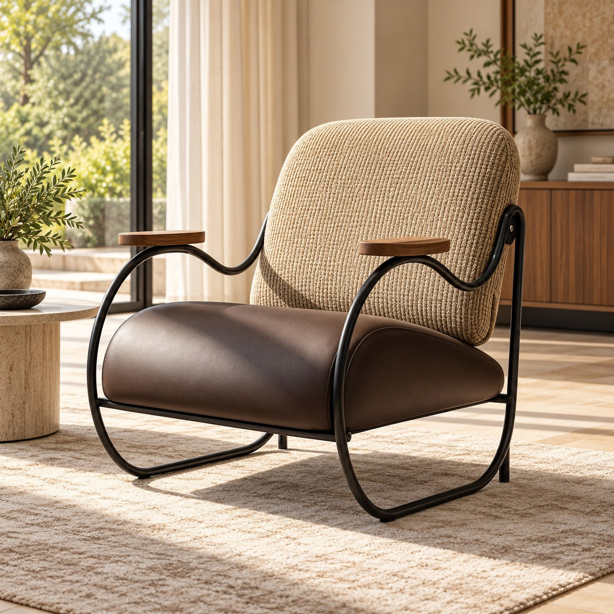 Brown and beige lounge chair with curved dark frame styled in a room.