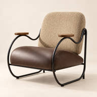 Brown and beige lounge chair with curved dark frame on a neutral background.