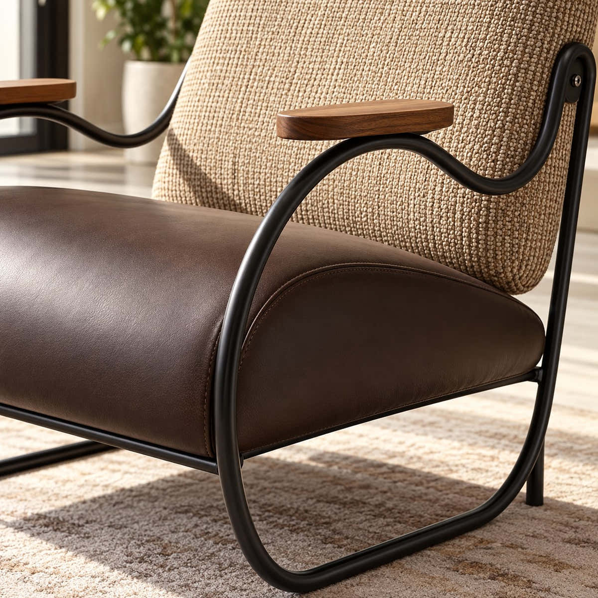 Curved dark frame and brown seat.