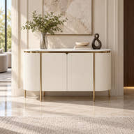 Cream fluted sideboard with pale top and metallic frame styled in a room.