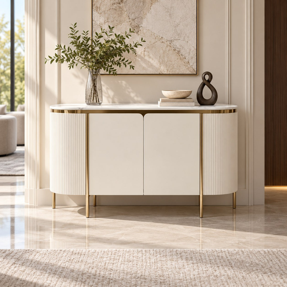 Cream fluted sideboard with pale top and metallic frame styled in a room.