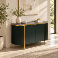 Dark fluted sideboard with gold-tone frame and dark top styled in a room.