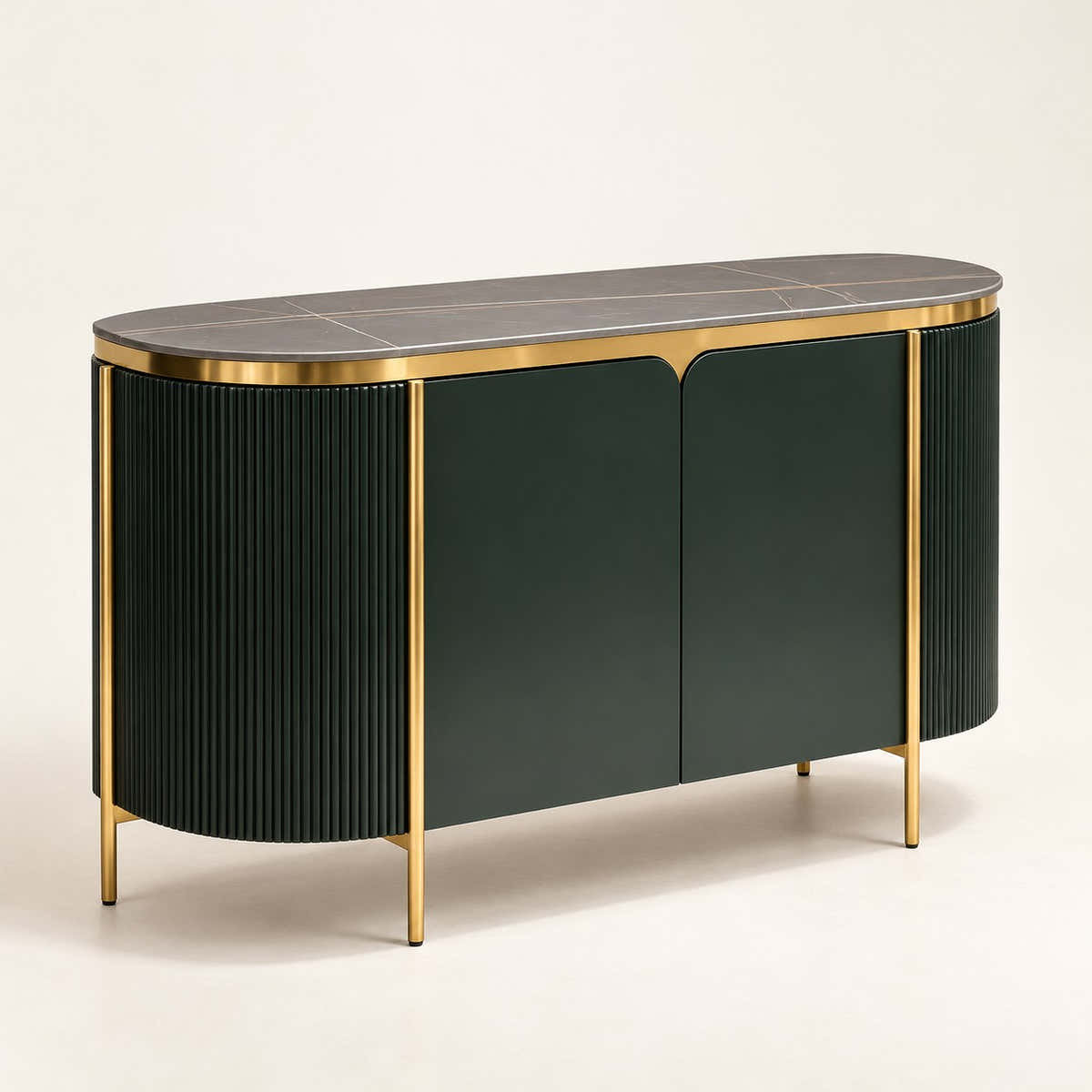 Dark fluted sideboard with gold-tone frame and dark top on a neutral background.