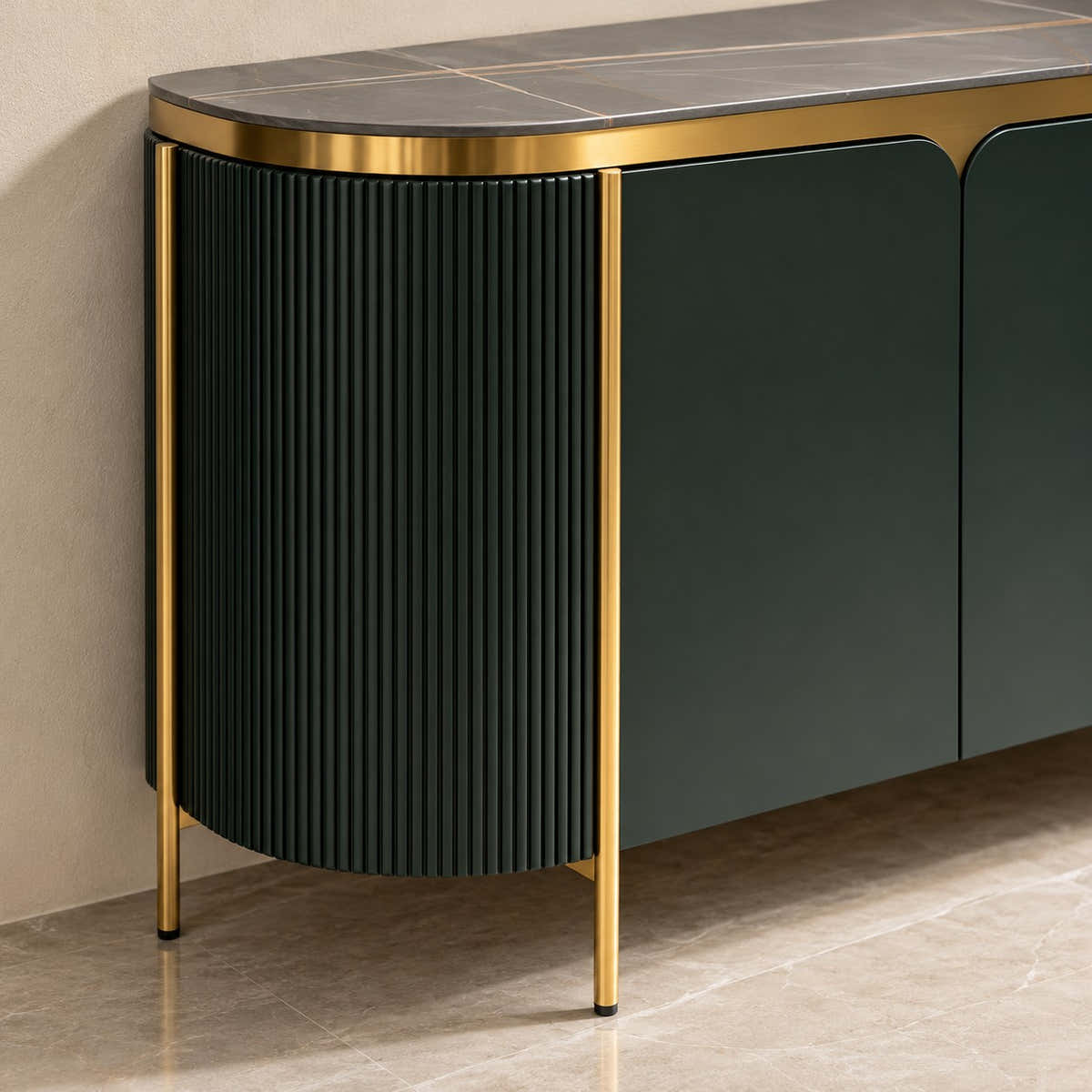 Fluted curved side panel and metallic trim.