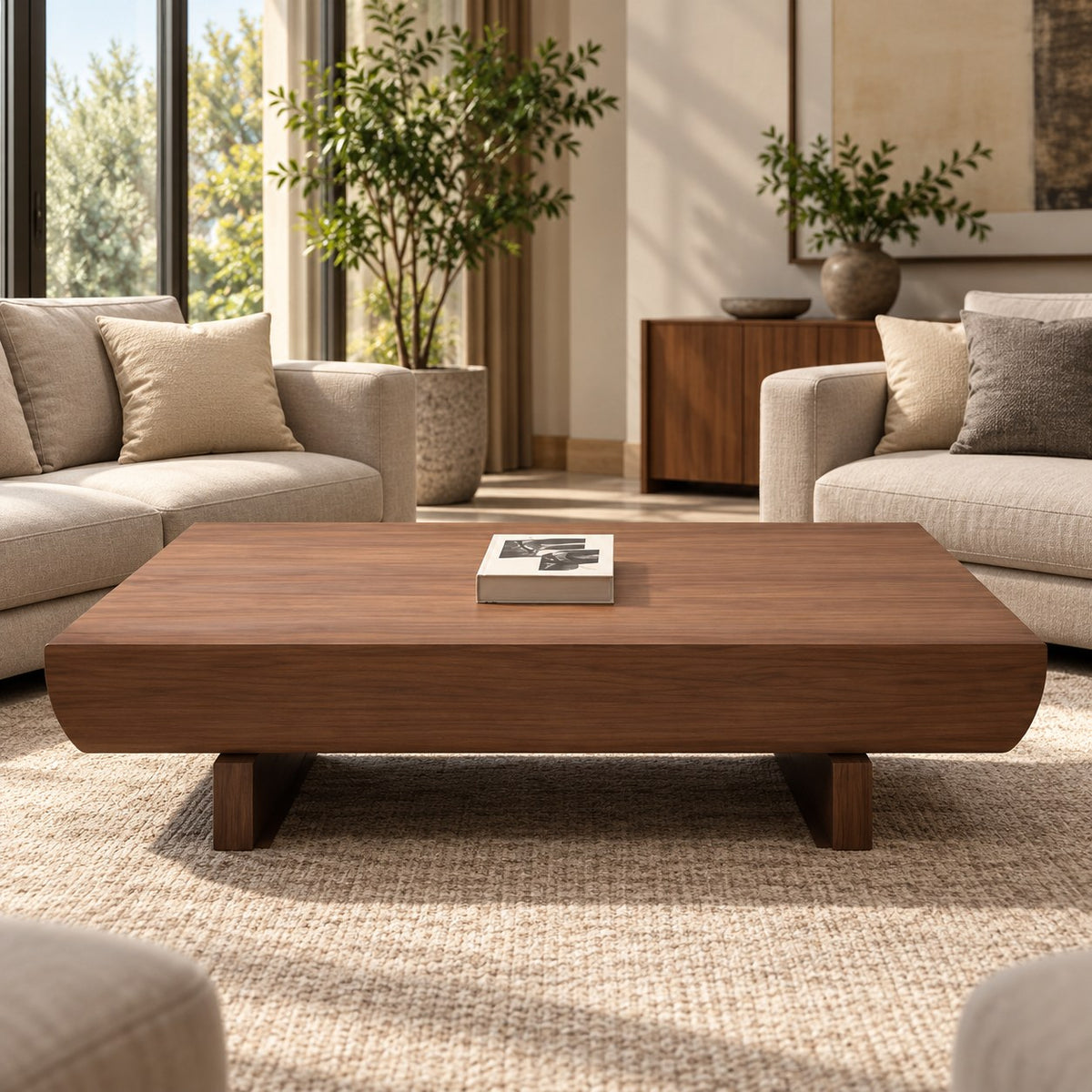 Rectangular wood-veneer coffee table with softened corners styled in a room.