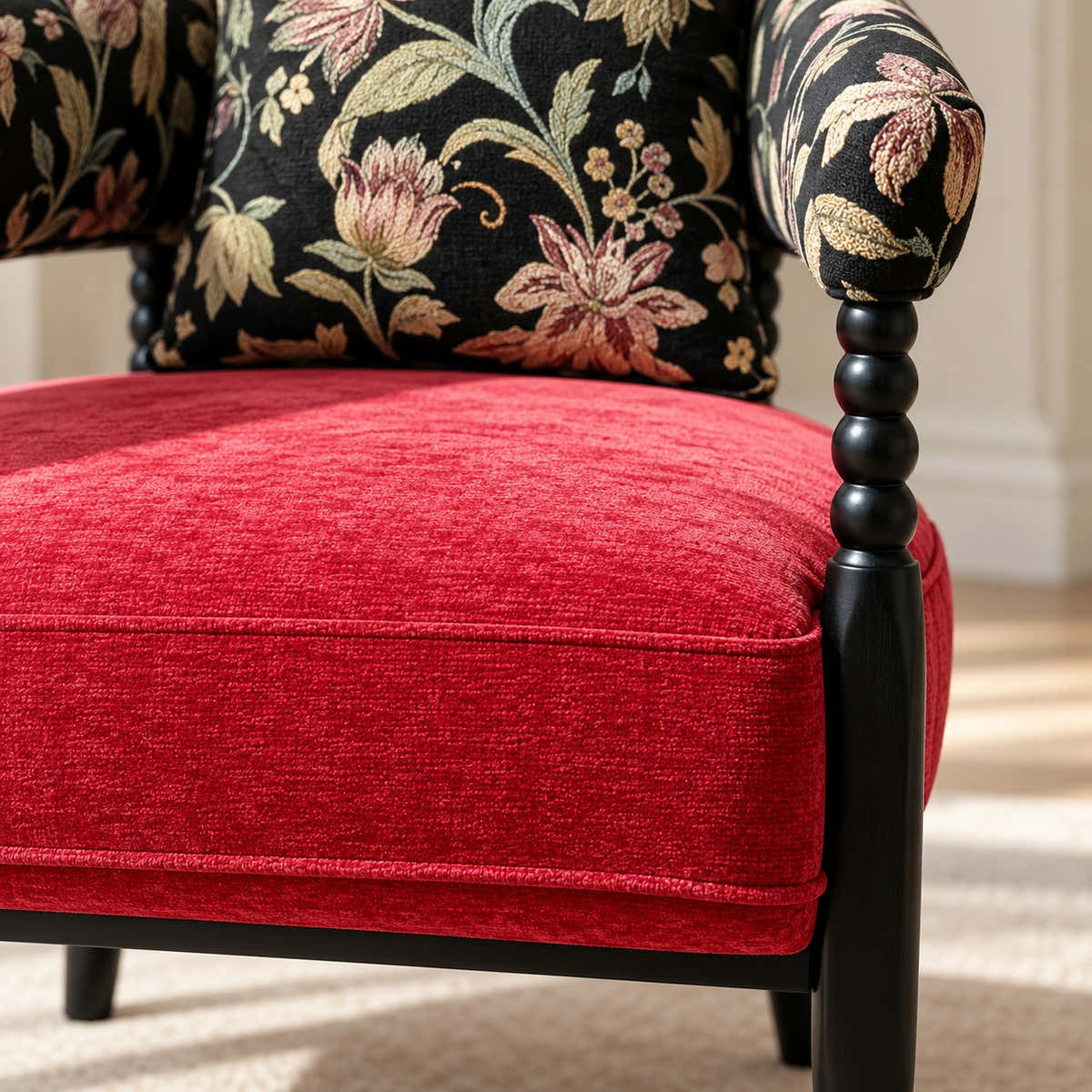 Red upholstered seat and dark front support.