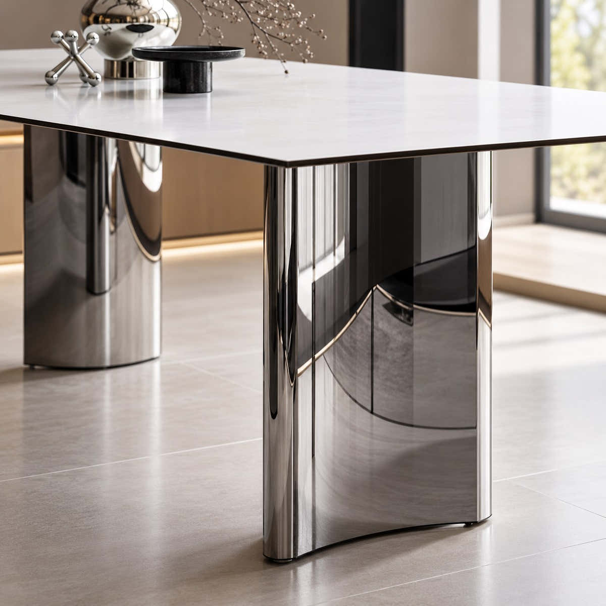 Curved reflective stainless steel pedestal.