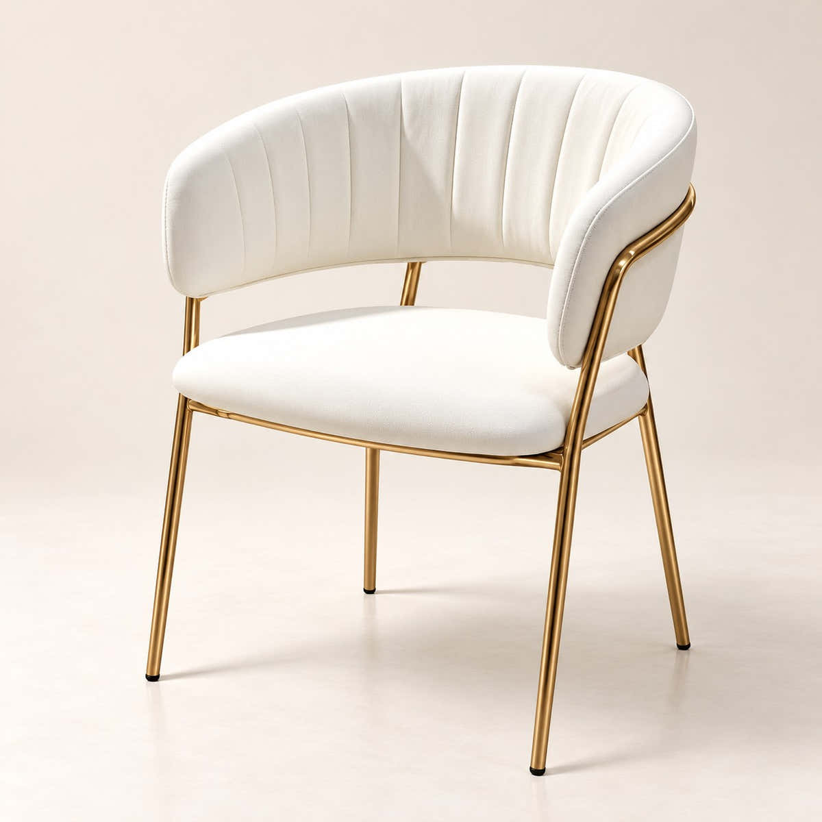 Off-white wraparound dining chair with gold-tone tubular frame on a neutral background.