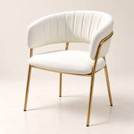 Off-white wraparound dining chair with gold-tone tubular frame on a neutral background.