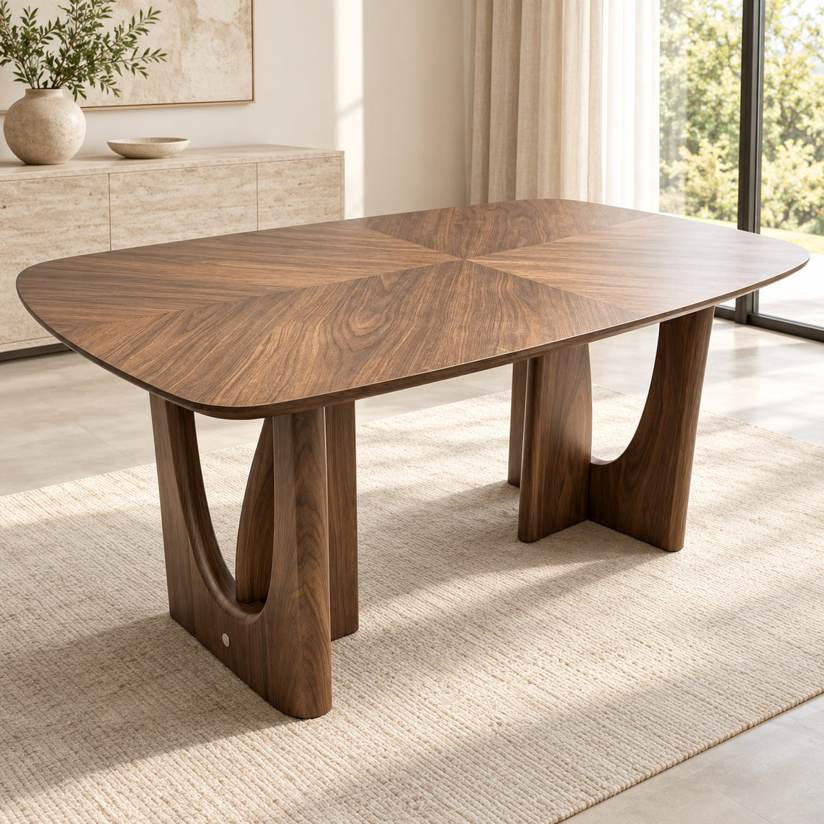 Wood-veneer dining table with rounded top and open-cutout supports styled in a room.