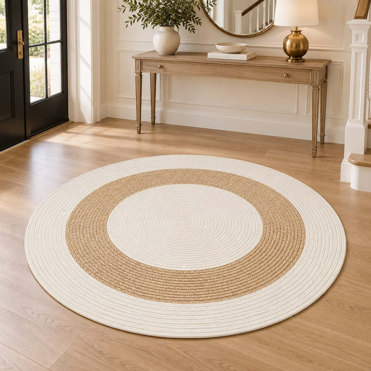 Solara Ivory & Sand Round Woven Rug – BSY-04 — digitally staged foyer view