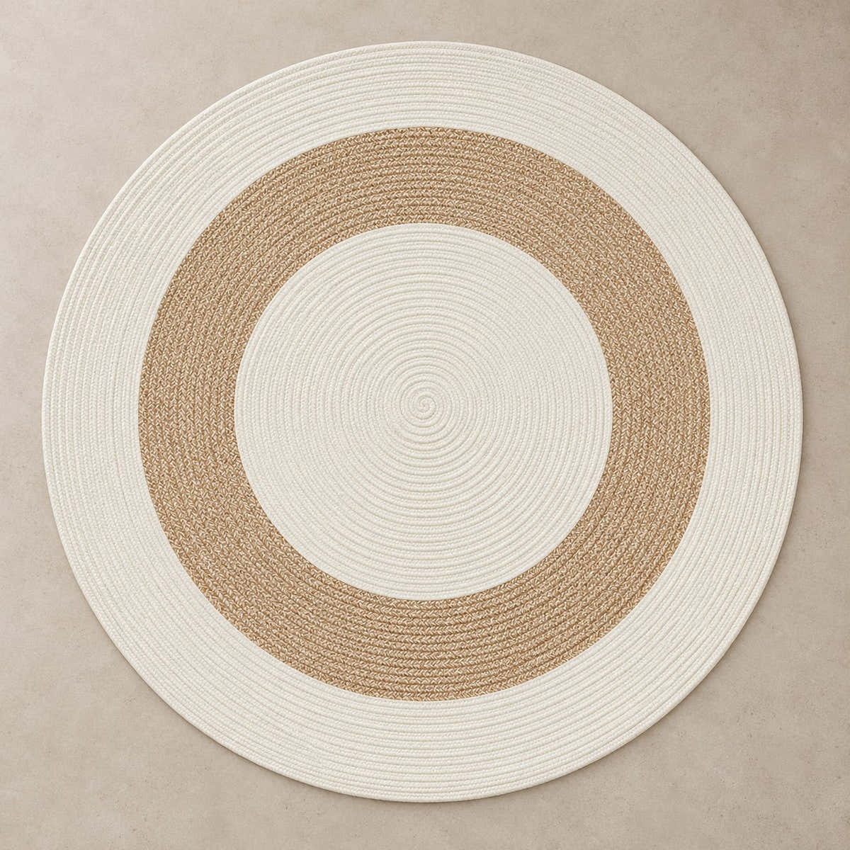 Solara Ivory & Sand Round Woven Rug – BSY-04 — digitally staged studio view