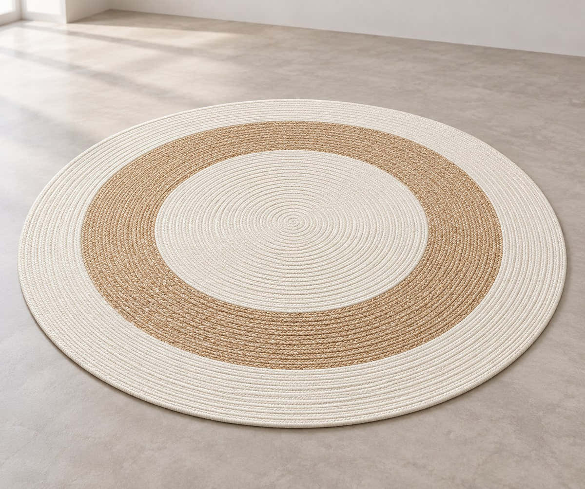 Solara Ivory & Sand Round Woven Rug – BSY-04 — digitally staged angle view