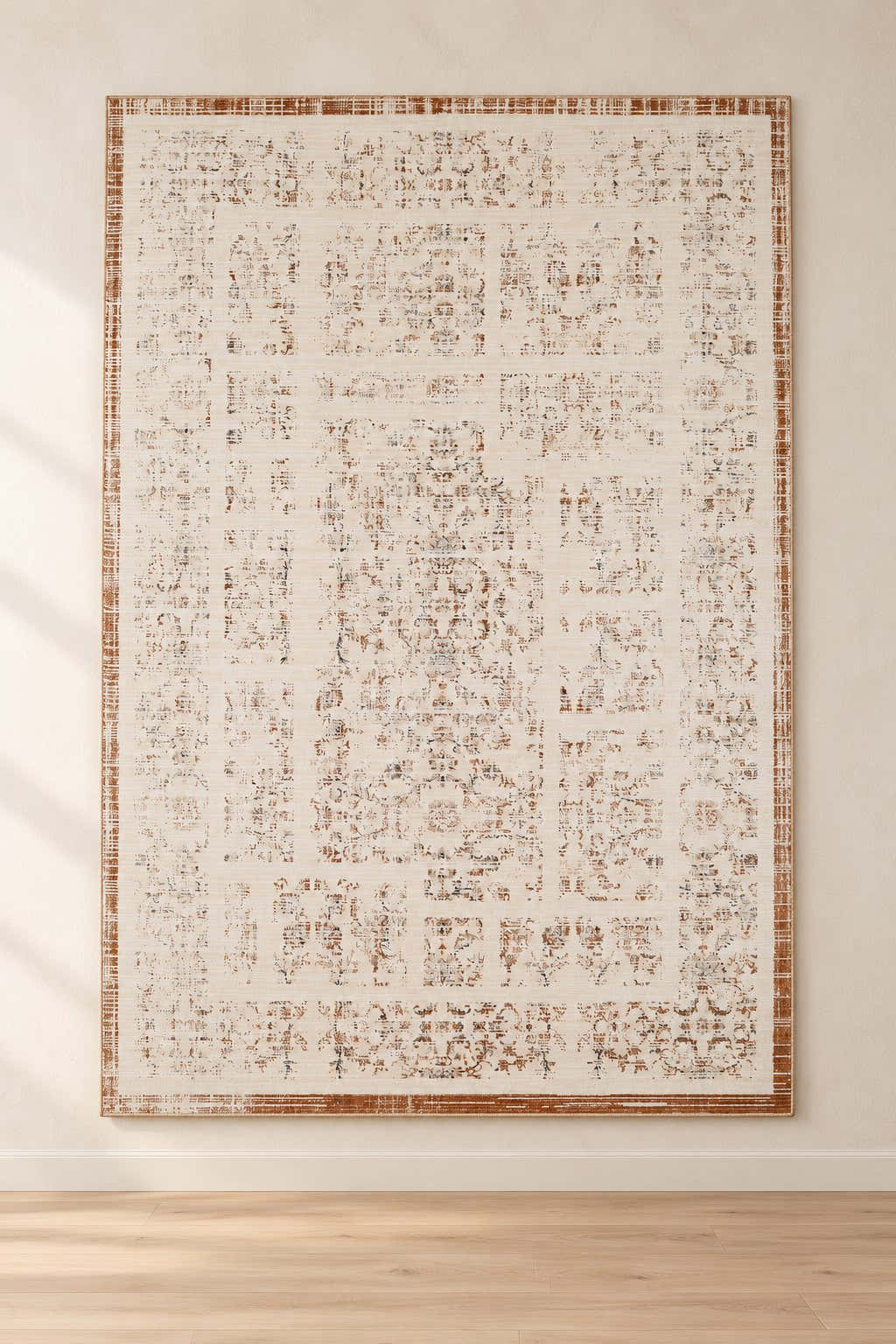 Aurelia FF-04 ivory and rust textured rug shown upright in a digitally edited clean showroom