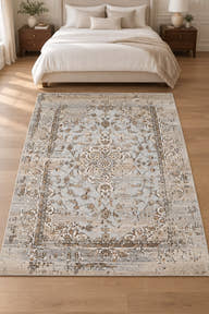 Afsana FF-10 grey and beige floral medallion rug in a digitally staged modern classic bedroom