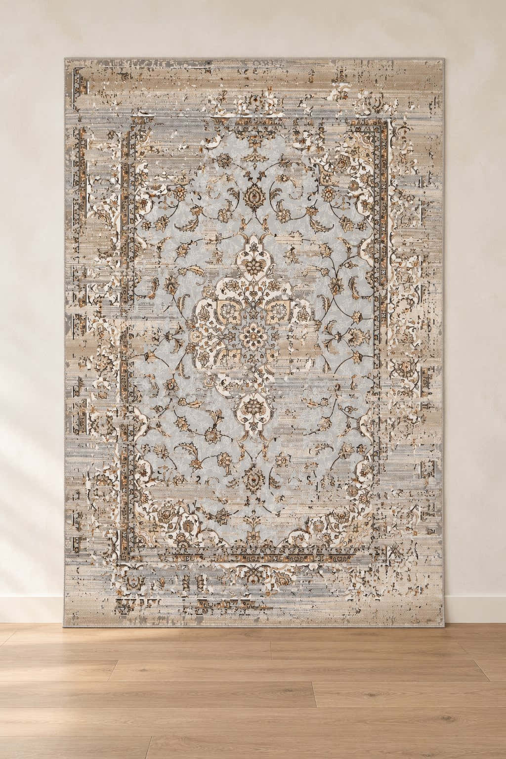 Afsana FF-10 grey and beige floral rug shown upright in a digitally edited clean showroom