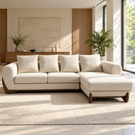 A modern sectional sofa with a chaise lounge in a warm cream fabric, styled in a bright, contemporary living room with a textured rug, wooden console, and potted plants.