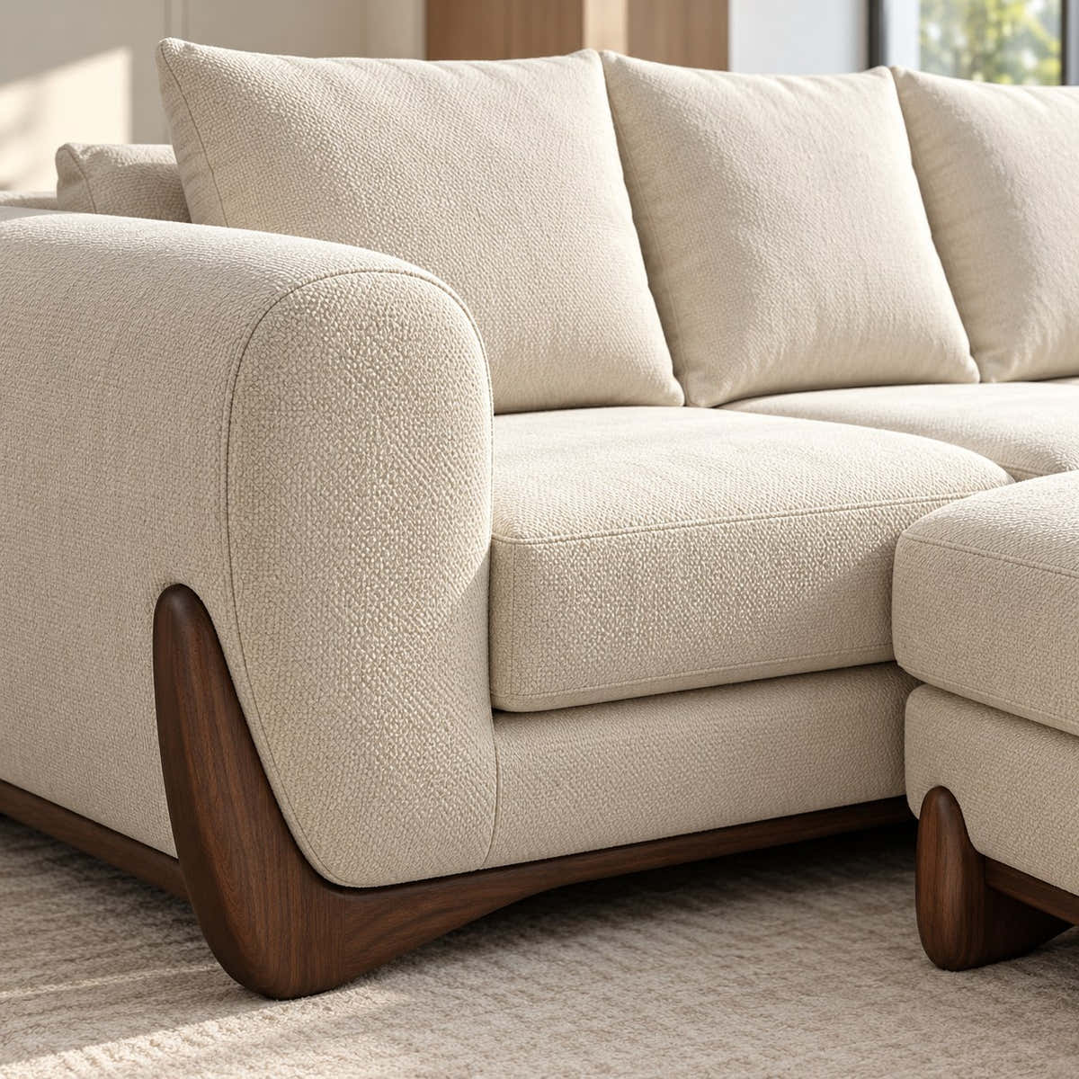 Cream-colored textured bouclé sectional sofa with dark wood legs, shown in a bright, modern room setting.