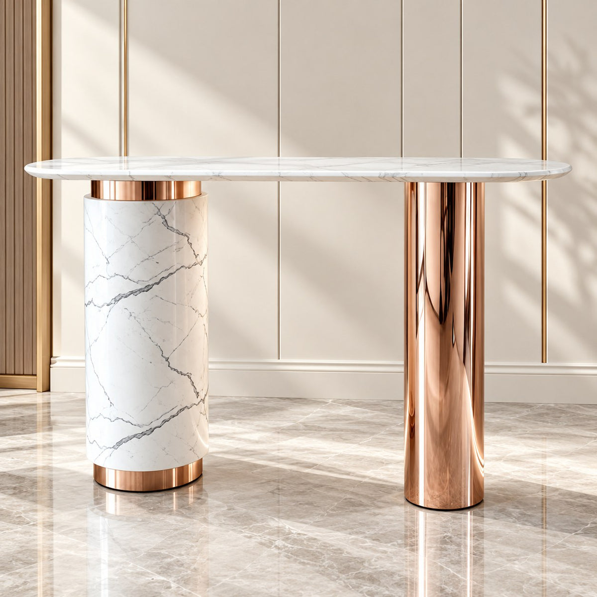 White veined marble console with asymmetrical rose-gold pedestal base styled in a room.
