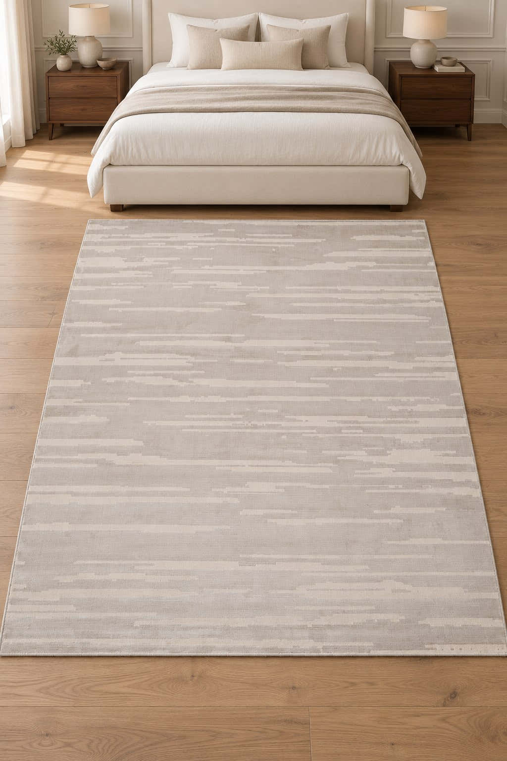 Lyra Ivory & Greige Abstract Area Rug – LL-11 — digitally staged bedroom view