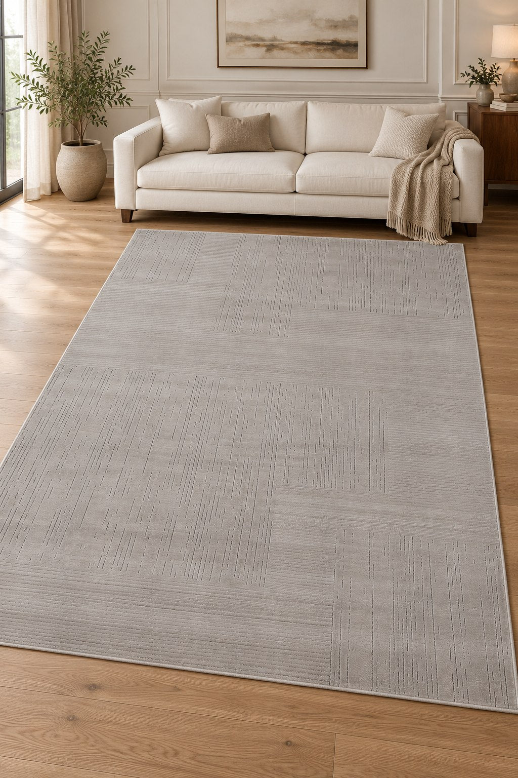 Tessa Neutral Geometric Textured Area Rug – PY-05 — digitally staged family room view