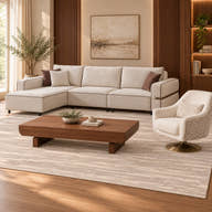 Riva cream sectional sofa and patterned accent chair with Glara Home walnut coffee table and Lyra ivory greige rug, digitally staged living room