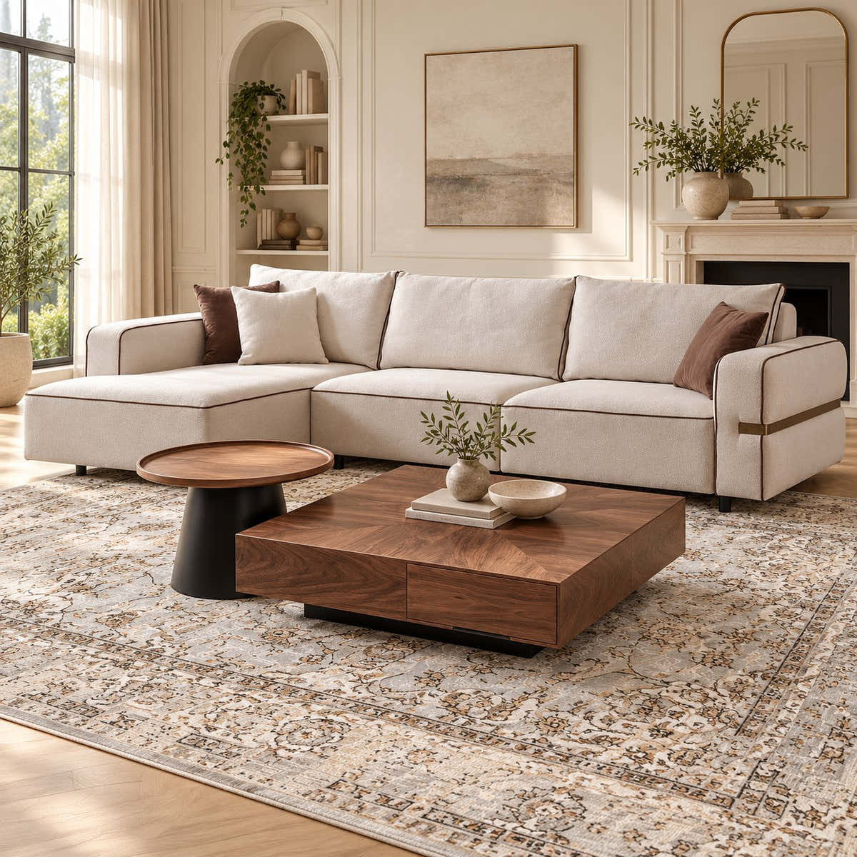 Riva Cream Modular Chaise Sectional Sofa — digitally staged room with Glara coffee tables and Afsana rug