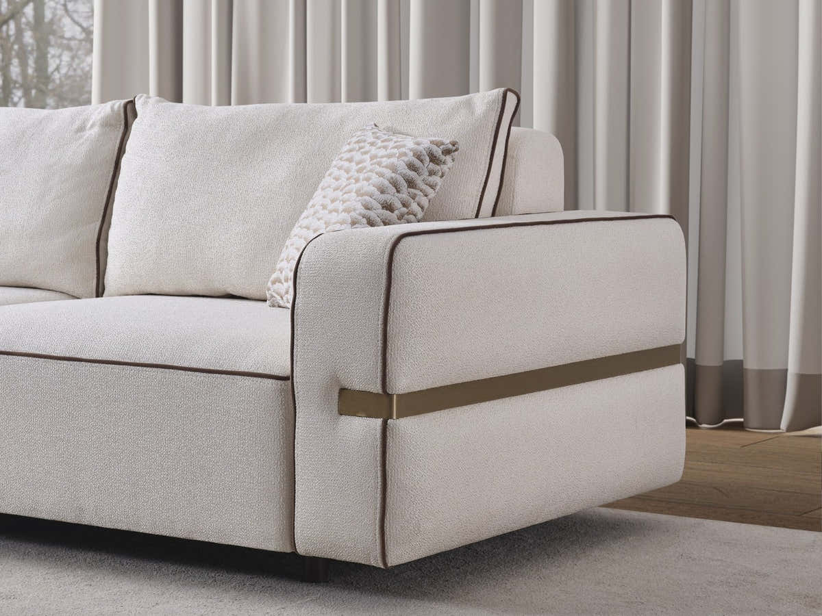 Riva Cream Modular Chaise Sectional Sofa — original upholstery, piping and arm-band detail