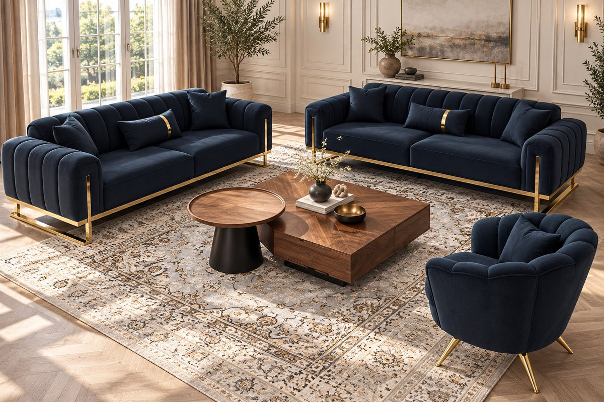 Saray navy velvet Turkish sofa set with gold accents — digitally staged glara room view