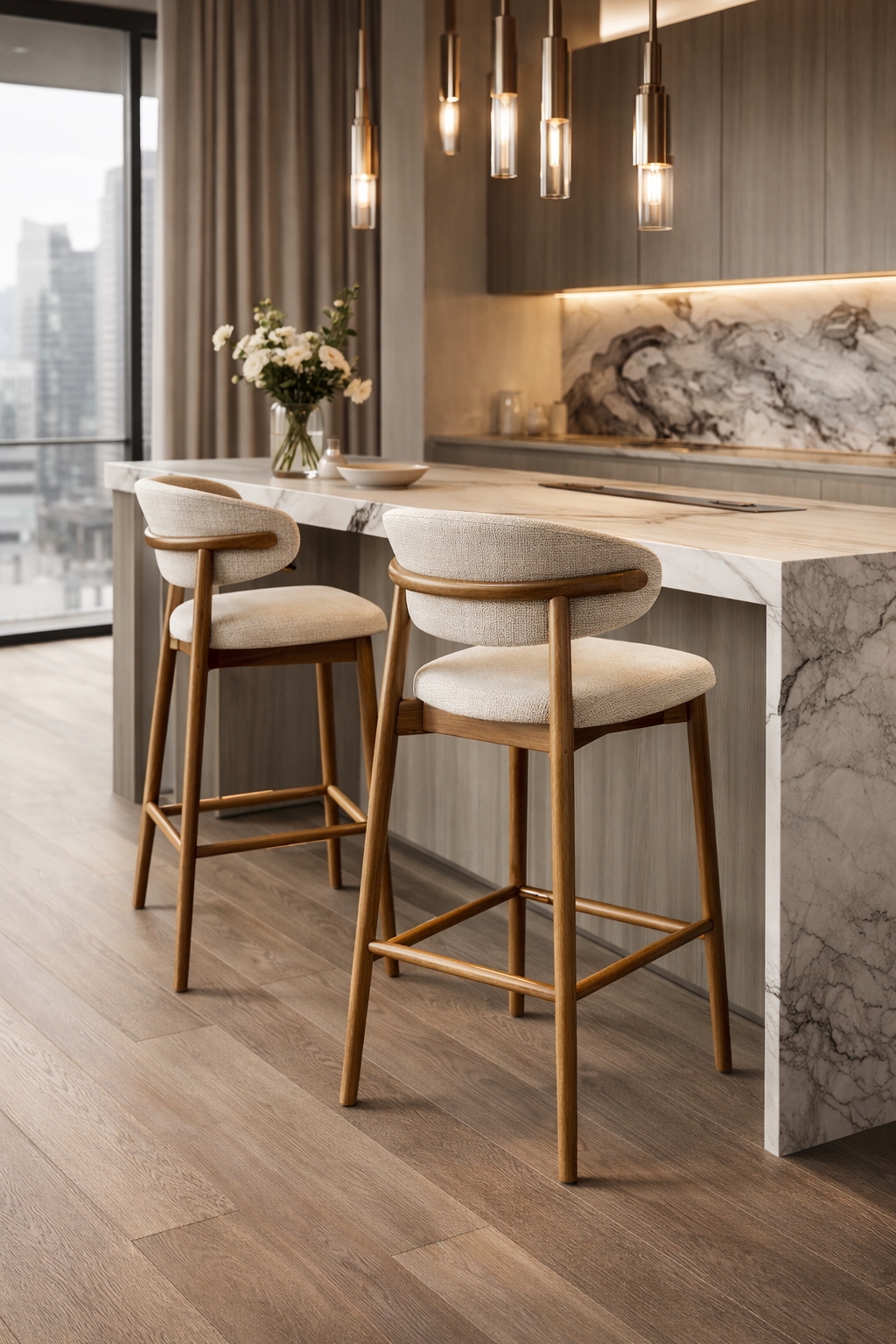 Siena walnut and linen upholstered bar stool in luxury modern kitchen