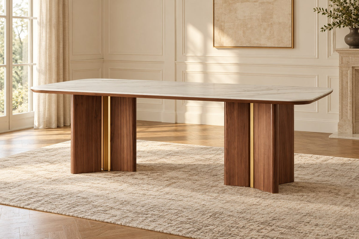 Valencia walnut and sintered stone dining table — digitally staged dining room view