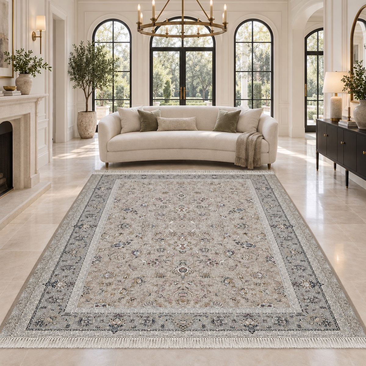 Golpar beige 1500 reed Persian rug with ivory fringe in a digitally staged classic-modern living room