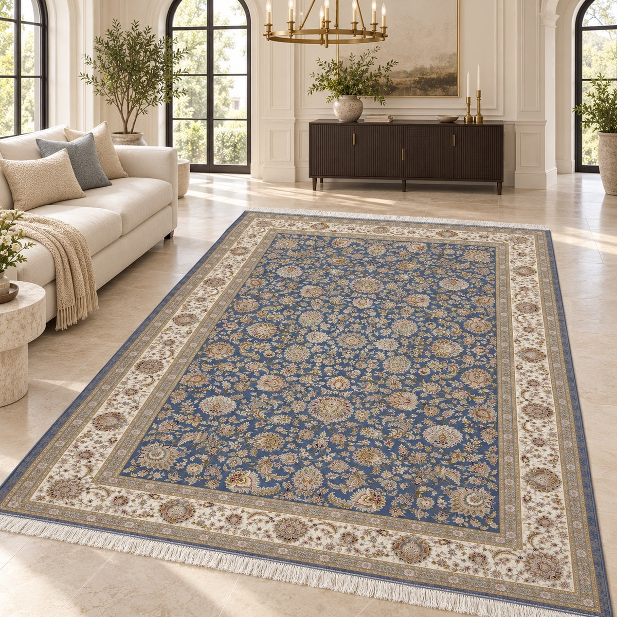 Golpar blue 1500 reed Persian rug with white fringe in a digitally staged classic-modern living room