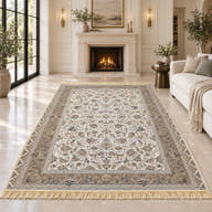 Golpar cream 1500 reed Persian rug with ivory-gold fringe in a digitally staged classic-modern sitting room