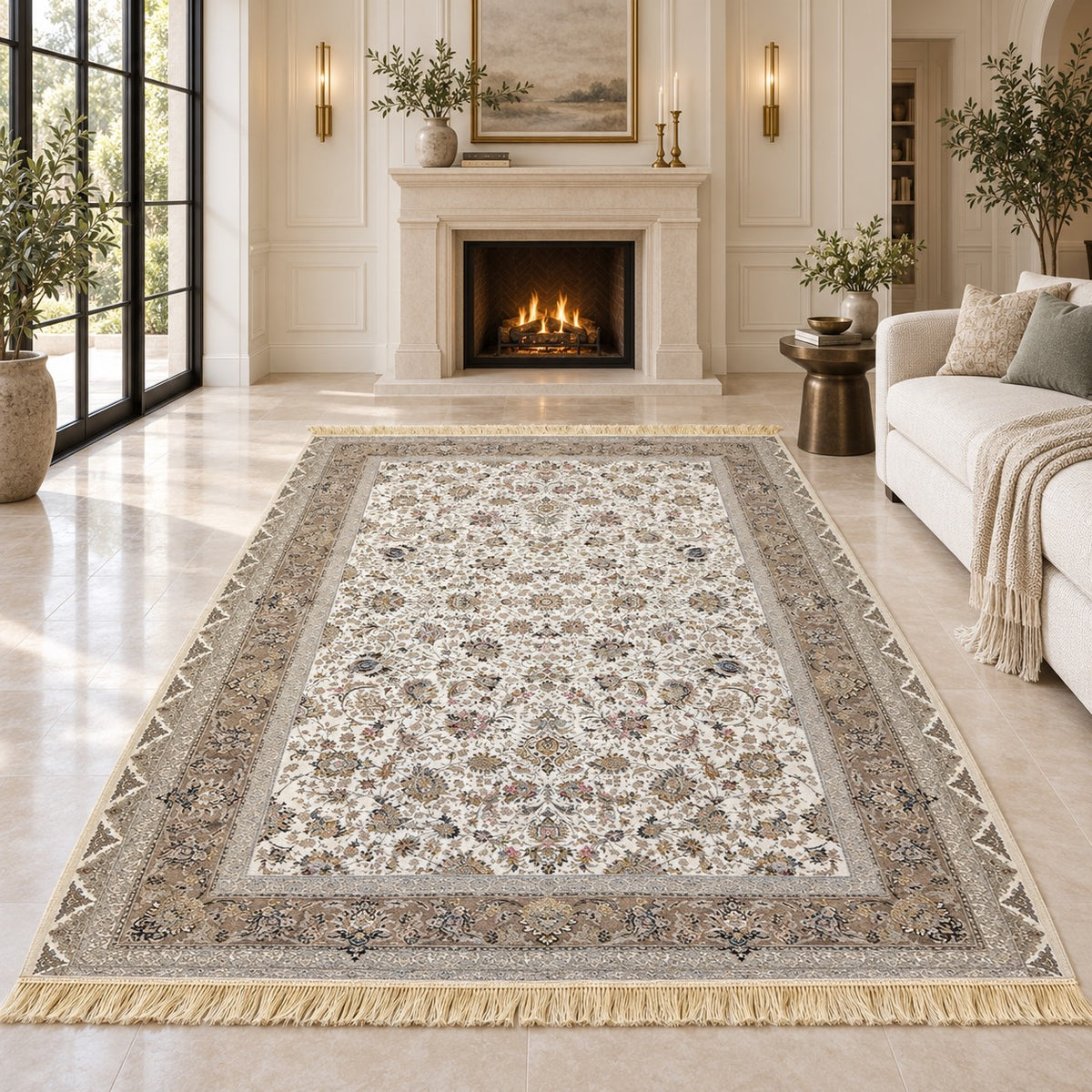 Golpar cream 1500 reed Persian rug with ivory-gold fringe in a digitally staged classic-modern sitting room