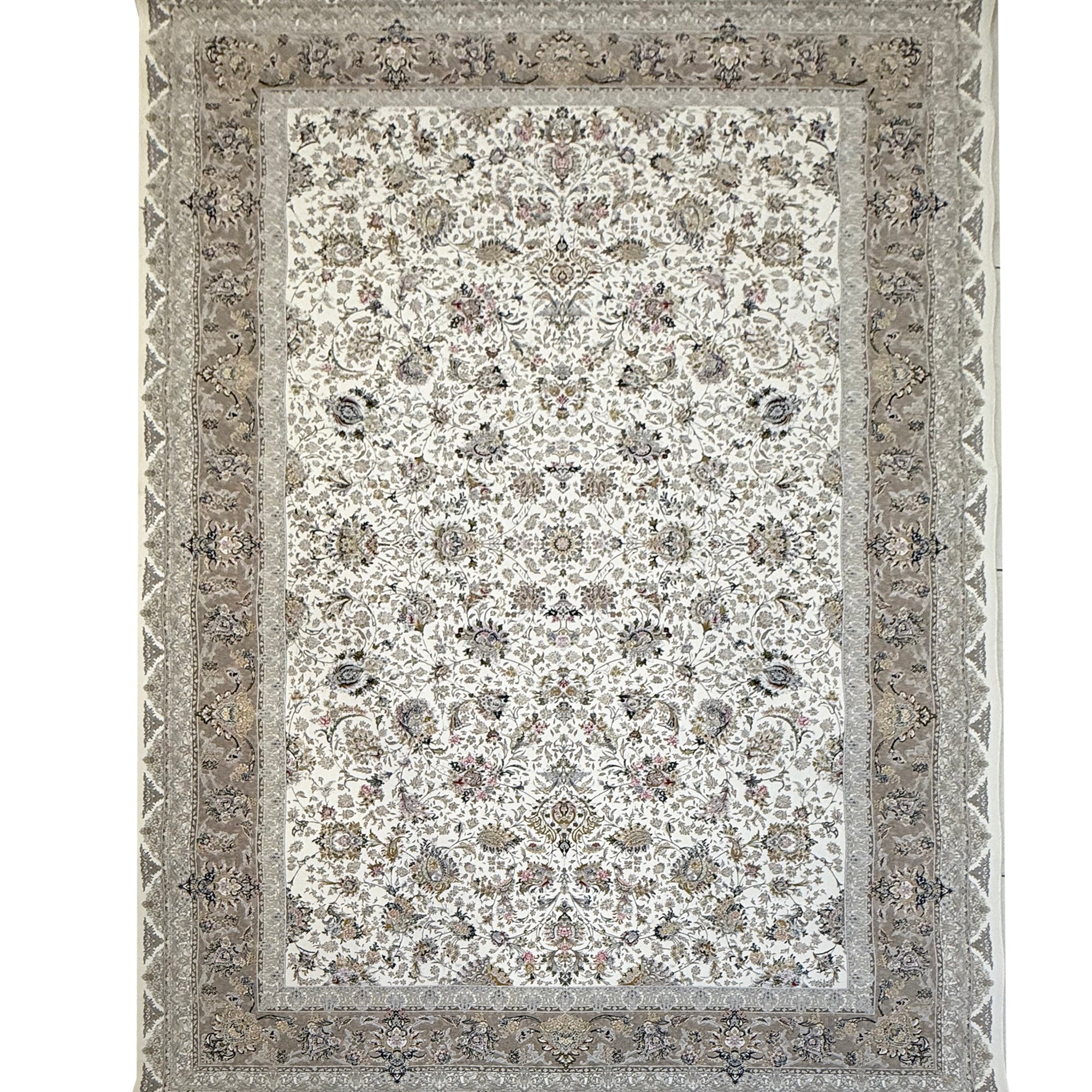 Decorative rug with intricate pattern and border on a plain background