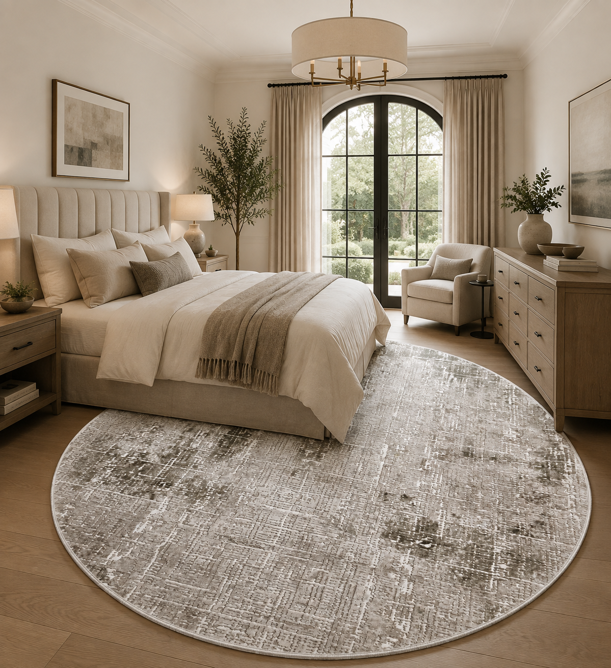 Borrego modern round Turkish rug in green and cream, 200 cm