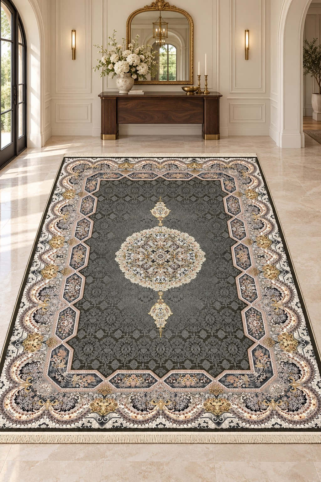Haliday grey Persian rug with ivory floral medallion and ornate scalloped border in a digitally staged modern-classic foyer