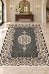 Haliday grey Persian rug with ivory floral medallion and ornate scalloped border in a digitally staged modern-classic foyer