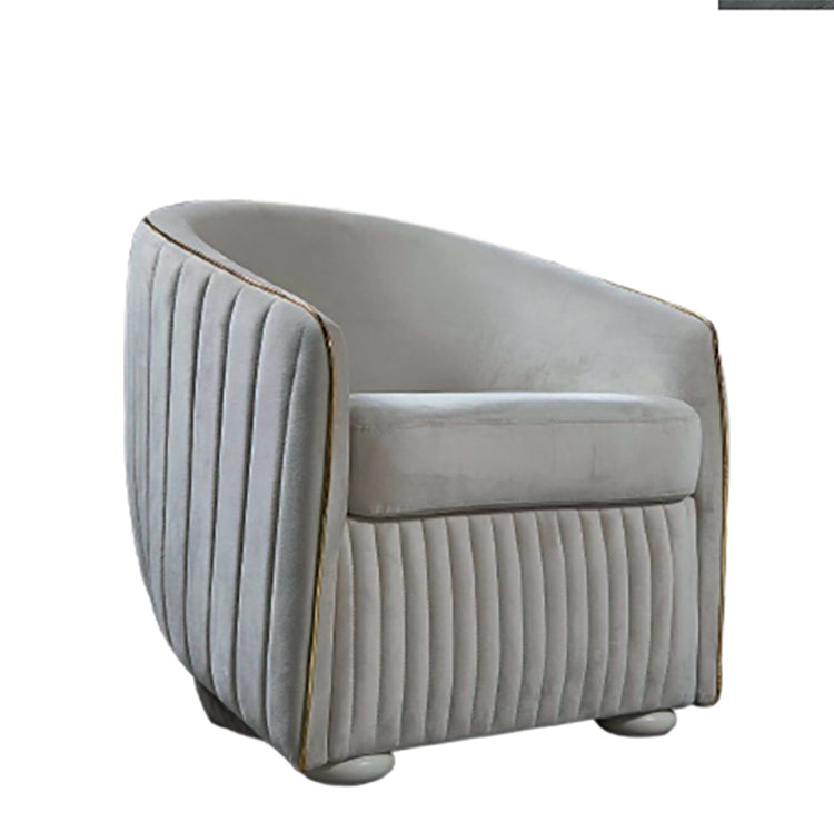 Gray upholstered chair with a ribbed texture on a white background