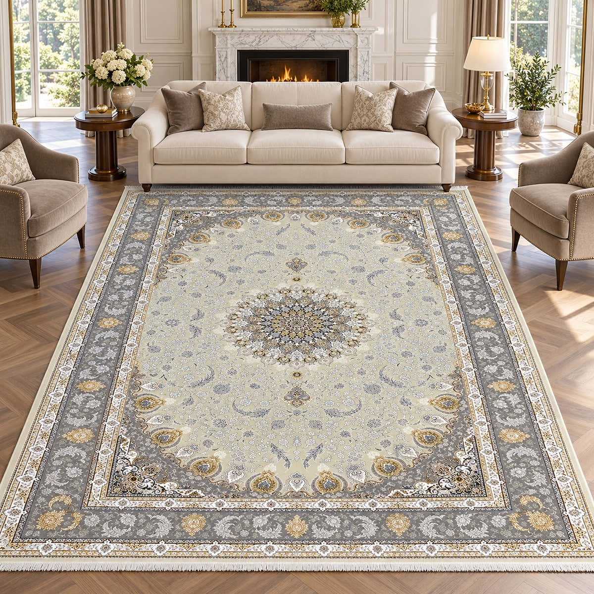 Isfahan cream Persian rug with grey floral border and gold accents in a digitally staged modern-classic living room