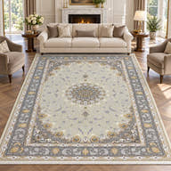 Isfahan cream Persian rug with grey floral border and gold accents in a digitally staged modern-classic living room