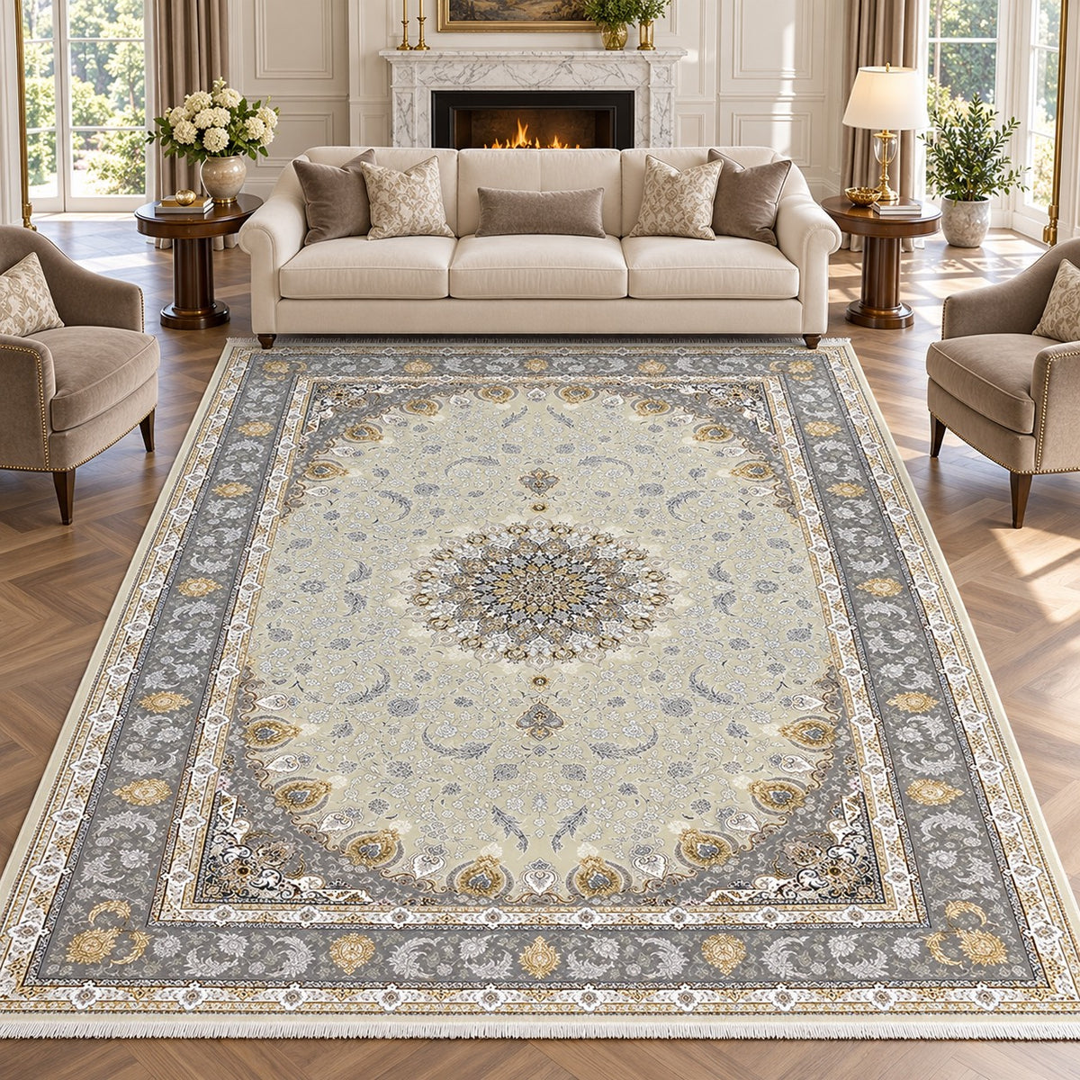 Isfahan cream Persian rug with grey floral border and gold accents in a digitally staged modern-classic living room