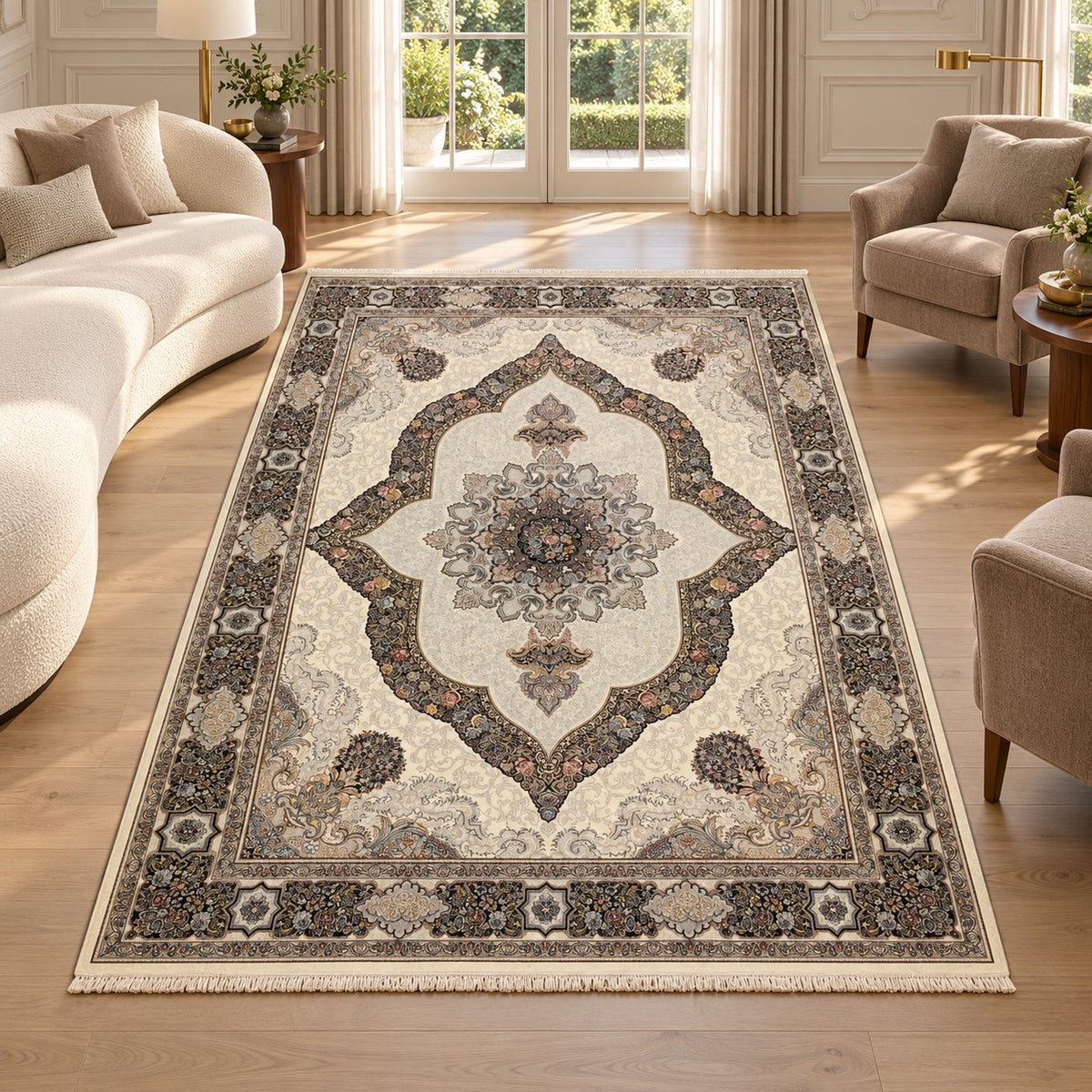 Karena ivory Persian rug with dark scalloped medallion and floral border in a digitally staged modern-classic living room